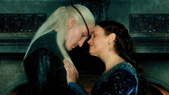 Aemond Targaryen (Ewan Mitchell) and Alicent Hightower (Olivia Cooke) in House of the Dragon season 3. 