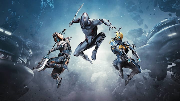 Three cyborg ninja leap toward the camera in Warframe