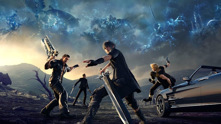 Three men standing ready for combat next to a car as etheral projections of gods form in the sky.