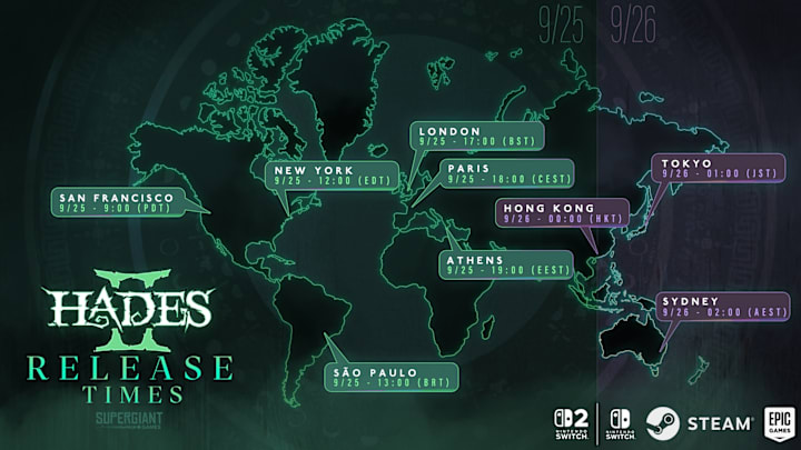 A map of the world showing the different times Hades 2 will launch in various time zones.
