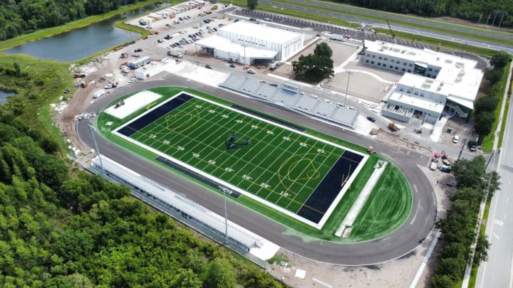 An aerial view of the new turn field at Angeline Academy of Innovation, the second artificial surface in Pasco County history.