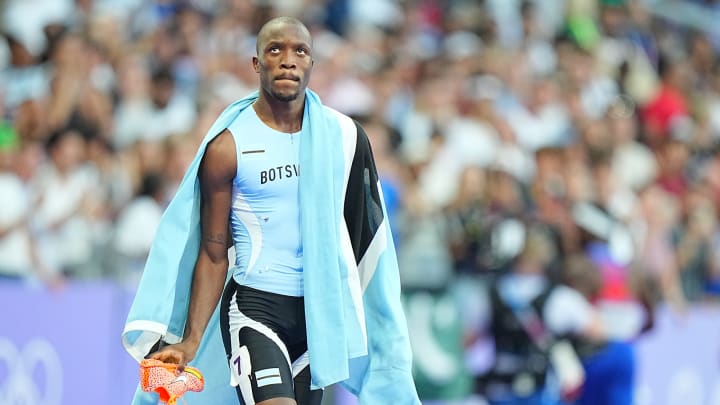 Botswana's Letsile Tebogo celebrates after winning the 200 meters at the 2024 Summer Olympics. 