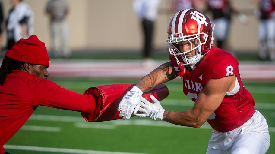 Tyler Morris attacks a drill during Indiana’s spring practice.