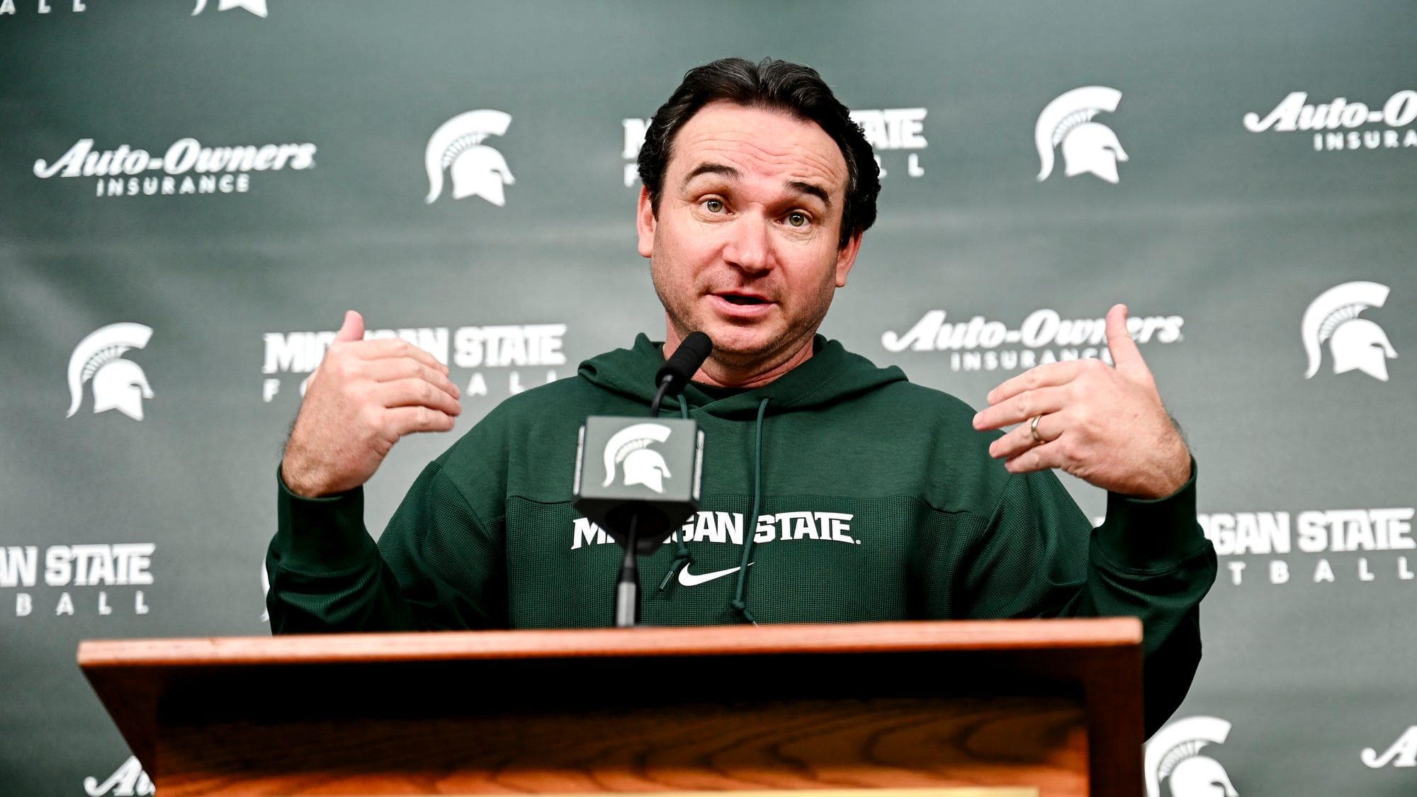 Michigan State coach Jonathan Smith talks the media on the first national signing day for college football recruits Wednesday, Dec. 20, 2023, at Spartan Stadium in East Lansing.