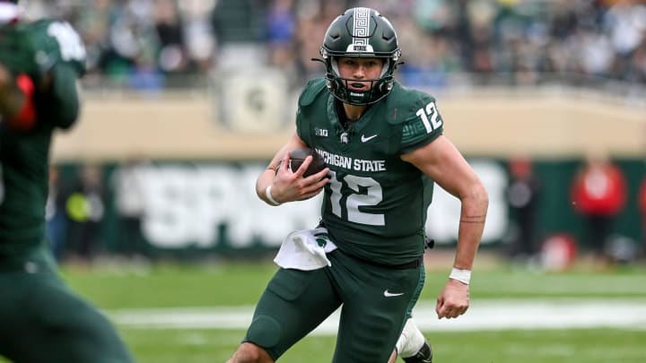 Michigan State's Katin Houser runs for a gain against Nebraska during the second quarter on Saturday, Nov. 4, 2023, at Spartan Stadium in East Lansing.