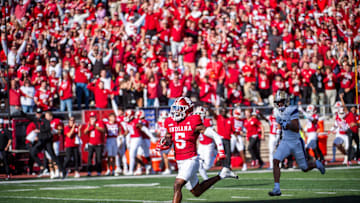 Indiana's D'Angelo Ponds (5) makes an interception and returns it for a touchdown during the Indiana versus Washington football game at Memorial Stadium on Oct. 26, 2024.