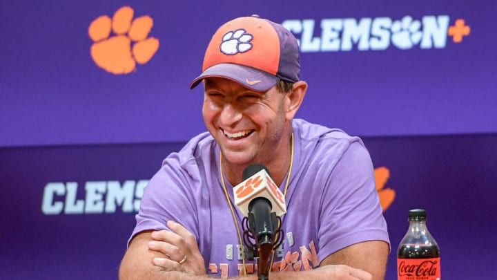 Aug 6, 2024; Pickens County, South Carolina, USA;  Clemson Tigers head coach football Dabo Swinney talks with media in the Smart Family Media Center in Clemson. 