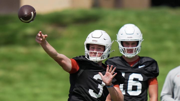 Texas Longhorns Quinn Ewers during the first fall football camp practice for the Texas Longhorns at Denius Fields on Wednesday, July 31, 2024.