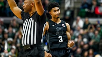 Michigan State's Jaden Akins celebrate his 3-pointer against Stony Brook during the second half on