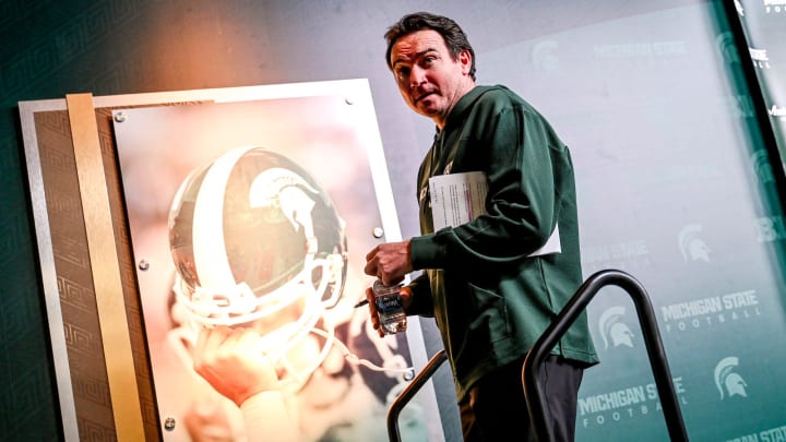 Michigan State coach Jonathan Smith leaves the podium after his press conference on the first national signing day for college football recruits Wednesday, Dec. 20, 2023, at Spartan Stadium in East Lansing.
