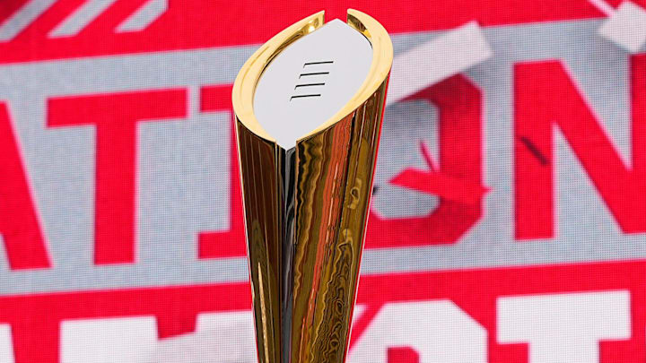 The College Football Playoff trophy sits on display during the Ohio State Buckeyes National Championship celebration at Ohio Stadium in Columbus on Jan. 27, 2025.
