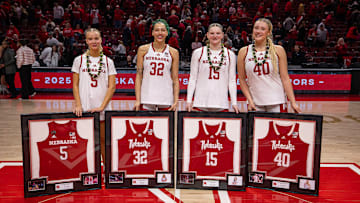 Nebraska women's basketball seniors (left to right) Alberte Rimdal, Kendall Coley, Kendall Moriarty, and Alexis Markowski after playing against Washington at Pinnacle Bank Arena on Feb. 23, 2025.