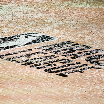 Mar 11, 2021; Orlando, Florida, USA; The NBA G League logo is covered in confetti after the Final between the Delaware Blue Coats and the Lakeland Magic at AdventHealth Arena. 