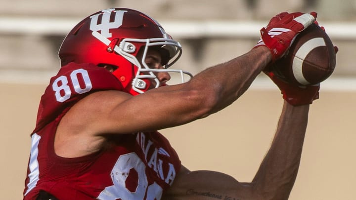Indiana's Charlie Becker (80) during spring practice at Memorial Stadium on Tuesday, March 31, 2026.