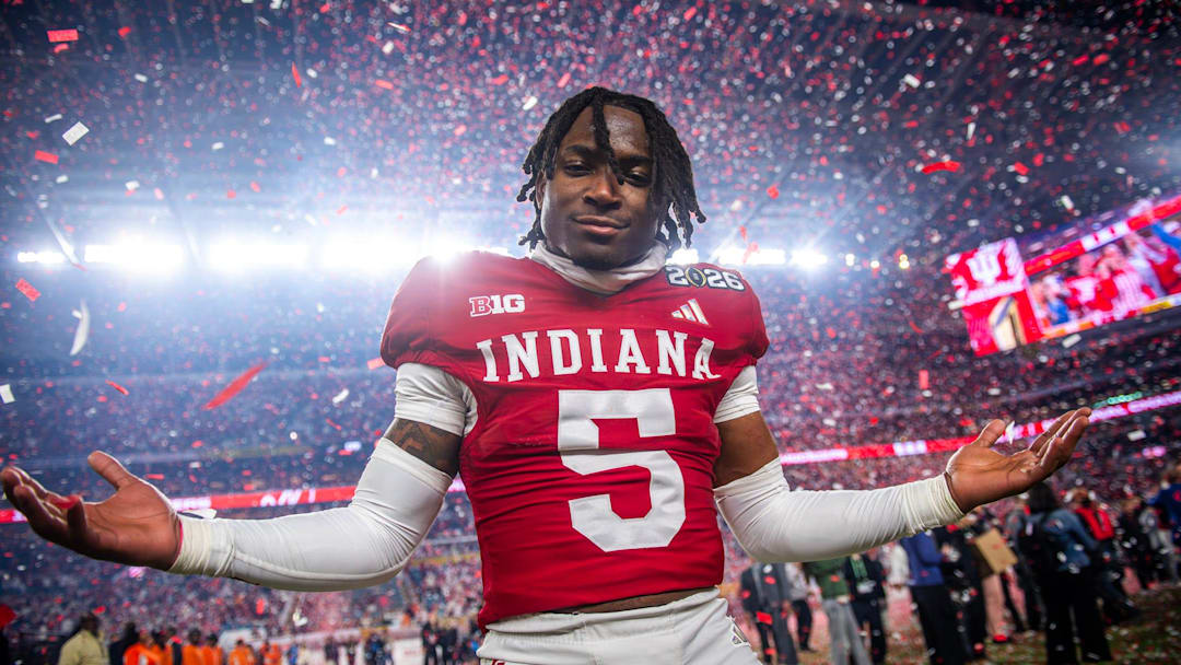 Indiana's D'Angelo Ponds (5) celebrates after the College Football Playoff National Championship college football game at Hard Rock Stadium in Miami Gardens on Monday, Jan. 19, 2026. Indiana's D'Angelo Ponds (5) celebrates after the College Football Playoff National Championship college football game at Hard Rock Stadium in Miami Gardens on Monday, Jan. 19, 2026.