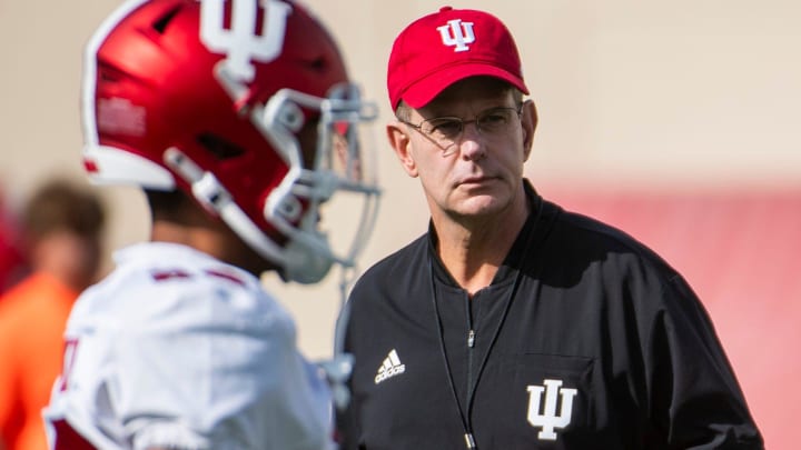 Indiana coach Curt Cignetti looks on during fall practice.