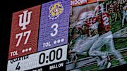 The final score up on the scoreboard after the Indiana versus Western Illinois football game at Memorial Stadium on Friday, Sept. 6, 2024.
