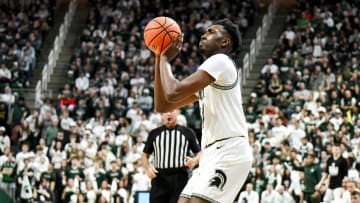 Michigan State's Xavier Booker makes a 3-pointer against Ohio State during the first half on Sunday, Feb. 25, 2024, at the Breslin Center in East Lansing.