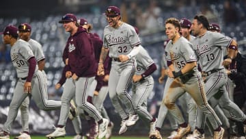 Mississippi State Bulldogs' players run back onto the field to celebrate after winning the game against the Southern Miss Golden Eagles at Trustmark Park in Pearl, Miss., on Tuesday, Mar. 5, 2024. Mississippi State won 5 to 4.