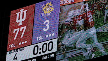 The final score up on the scoreboard after the Indiana versus Western Illinois football game at Memorial Stadium on Friday, Sept. 6, 2024.