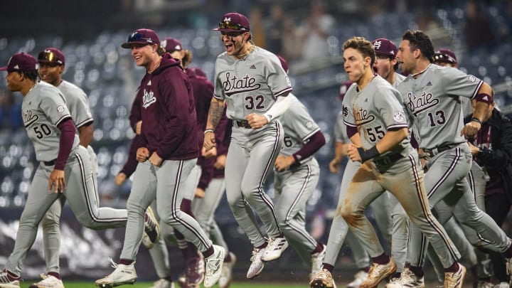 Mississippi State Bulldogs' players run back onto the field to celebrate after winning the game against the Southern Miss Golden Eagles at Trustmark Park in Pearl, Miss., on Tuesday, Mar. 5, 2024. Mississippi State won 5 to 4.