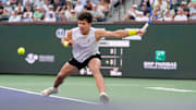 Ben Shelton returns to Karen Khachanov on Stadium 2 during the BNP Paribas Open in Indian Wells, Calif., on Monday, March 10, 2025.