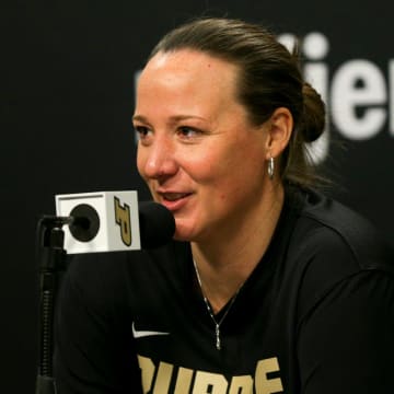 Purdue coach Katie Gearlds after a basketball game 