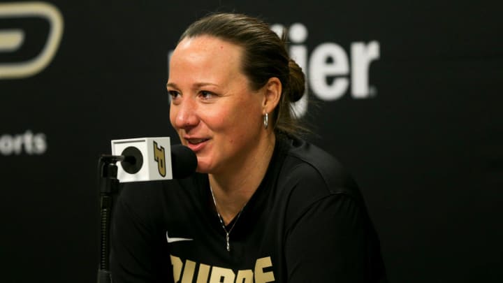 Purdue coach Katie Gearlds after a basketball game 
