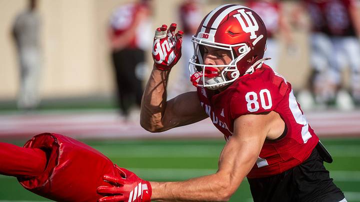 Indiana's Charlie Becker (80) during spring practice at Memorial Stadium on Tuesday, March 31, 2026.