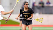 Northwestern Wildcats lacrosse defender Sammy White in a game against the Ohio State Buckeyes on April 19, 2025.