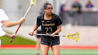 Northwestern Wildcats lacrosse defender Sammy White in a game against the Ohio State Buckeyes on April 19, 2025.