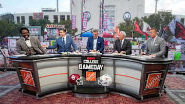 The Hosts of College Gameday during their show early morning before the NCAA college football game between Texas Longhorns Oklahoma Sooners at the Cotton Bowl on Saturday, Oct. 7, 2023 in Dallas, Texas. This game makes up the119th rivalry match up.
