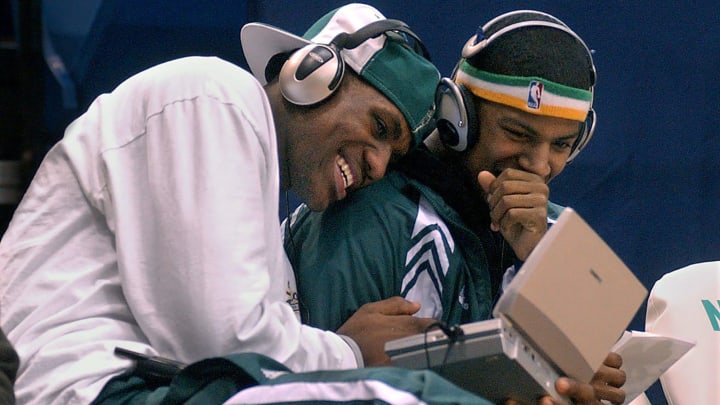 LeBron James has a few laughs with St. Vincent-St. Mary teammate Brandon Weems as the two play a video game before the Irish's game against Mentor on Jan. 14, 2003, at the University of Akron's Rhodes Arena.

The Rise Of A Star