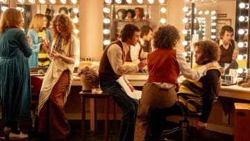 Jane Curtin (Kim Matula), Laraine Newman (Emily Fairn), Lorne Michaels (Gabriel LaBelle), Rosie Shuster (Rachel Sennott), and John Belushi (Matt Wood) in the Makeup Room in SATURDAY NIGHT.