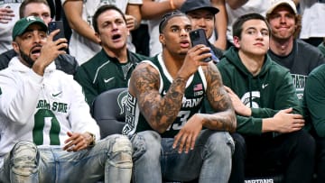 Former Michigan State football receiver Keon Coleman takes in the MSU game against Northwestern during the first half on Wednesday, March 6, 2024, at the Breslin Center in East Lansing.