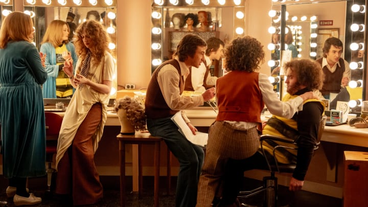 Jane Curtin (Kim Matula), Laraine Newman (Emily Fairn), Lorne Michaels (Gabriel LaBelle), Rosie Shuster (Rachel Sennott), and John Belushi (Matt Wood) in the Makeup Room in SATURDAY NIGHT.