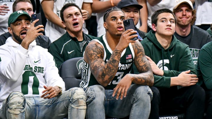 Former Michigan State football receiver Keon Coleman takes in the MSU game against Northwestern during the first half on Wednesday, March 6, 2024, at the Breslin Center in East Lansing.