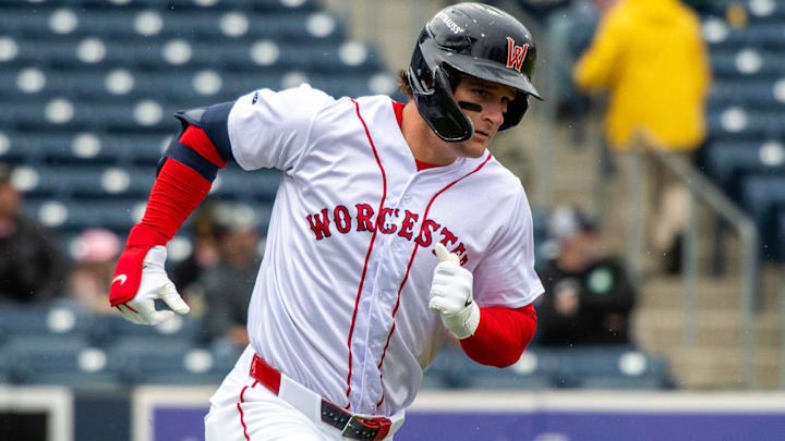 Triple-A Worcester Red Sox left fielder Roman Anthony runs on a fly ball against the Durham Bulls May 23.