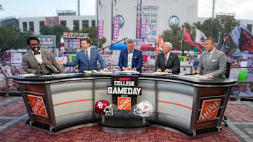 Oct 7, 2023; Dallas, TX, USA; The Hosts of College Gameday during their show early morning before the NCAA college football game between Texas Longhorns and Oklahoma Sooners at the Cotton Bowl. Mandatory Credit: Ricardo B. Brazziell-Imagn Images