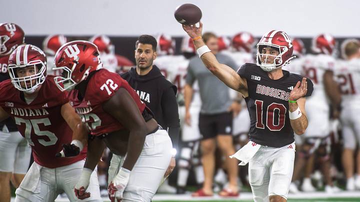 Indiana's Josh Hoover (10) during Indiana football spring practice on Thursday, April 16, 2026.