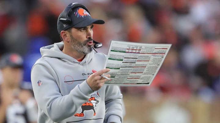 Browns head coach Kevin Stefanski calls plays during the second half against the Arizona Cardinals, Sunday, Oct. 17, 2021, in Cleveland.