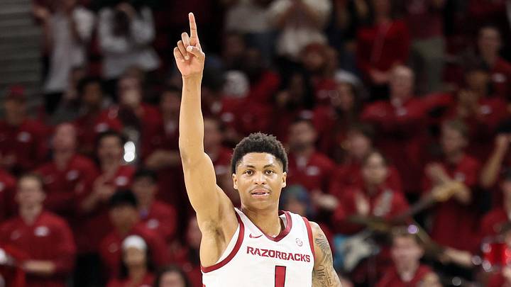 Feb 21, 2026; Fayetteville, Arkansas, USA; Arkansas Razorbacks guard Meleek Thomas (1) reacts after a play against the Missouri Tigers during the first half at Bud Walton Arena. Mandatory Credit: Nelson Chenault-Imagn Images