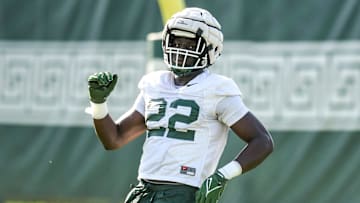 Michigan State defensive lineman Jordon Bai Jobe runs a drill during the opening day of MSU's football fall camp on Thursday, Aug. 3, 2023, in East Lansing.