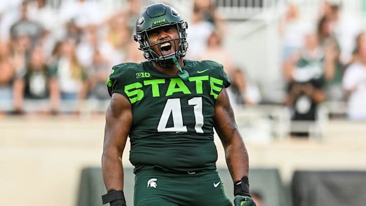 Michigan State's Derrick Harmon celebrates after a tackle for a loss against Akron during the third quarter on Saturday, Sept. 10, 2022, at Spartan Stadium in East Lansing.

220910 Msu Akron Fb 224a
