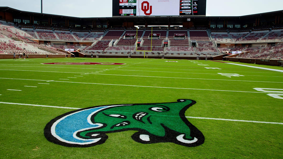 The Tulane Green Wave is painted on the field of the Gaylord Family Oklahoma Memorial Stadium in Norman, Okla. on Friday, Sept. 3, 2021. The logo was painted in preparations for the NCAA football game between the University of Oklahoma Sooners and the Tulane University Green Wave that was moved from New Orleans to Norman due to hurricane Ida.

CENTERPIECE IMAGE