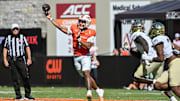 Oct 4, 2025; Blacksburg, Va.; Virginia Tech quarterback Kyron Drones (1) throws a pass against Wake Forest during the second quarter.