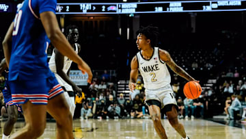 Wake Forest player Juke Harris dribbles ball against American 