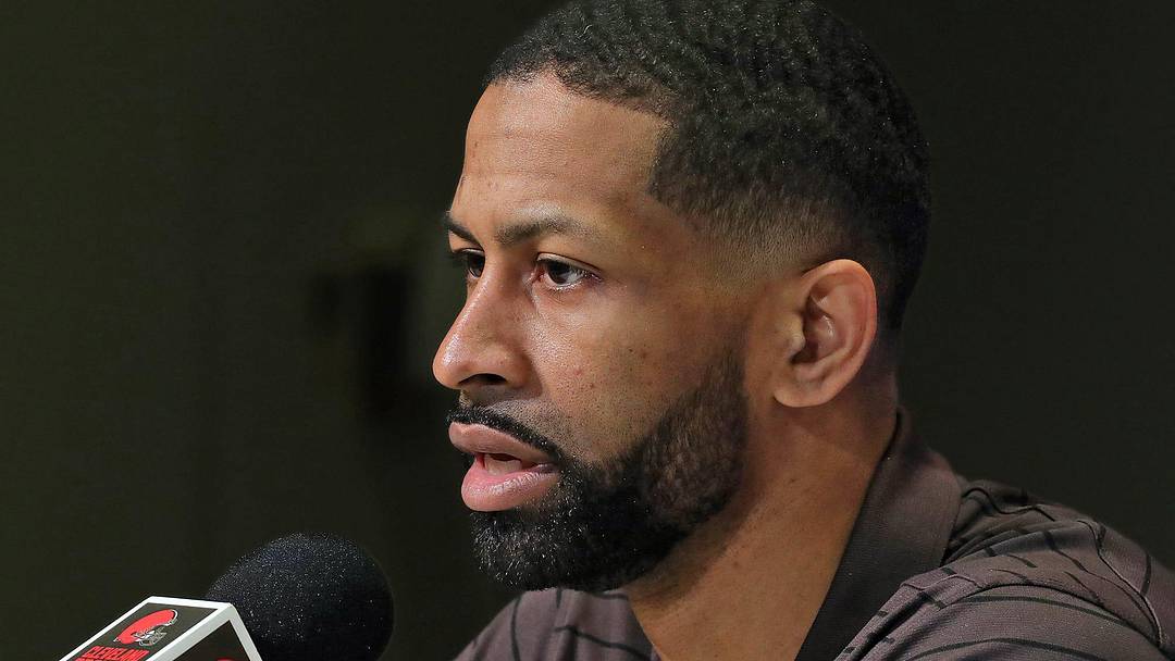 Cleveland Browns general manager Andrew Berry responds to questions during Watson's introductory press conference at the Cleveland Browns Training Facility on March 25, 2022.