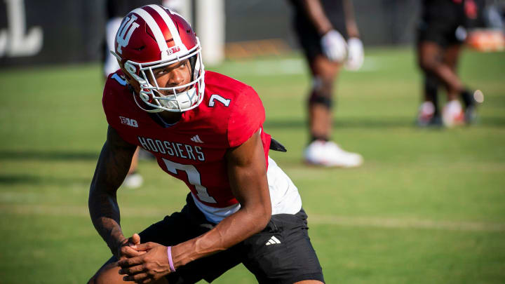 Indiana wide receiver E.J. Williams Jr. (7) stretches during fall camp.