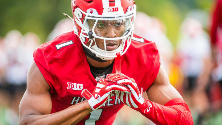 Indiana's Donaven McCulley (1) stretches during fall camp.